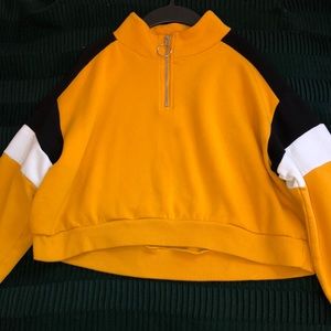 mustard yellow zip up cropped crew neck